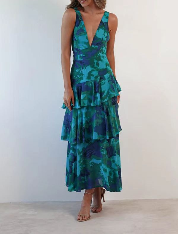 Women's Summer Floral Printed V-Neck Sleeveless A-Line Long Dress