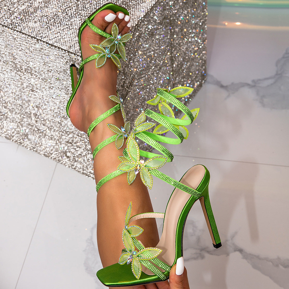 Snake Strap Rhinestone Stiletto Sandals