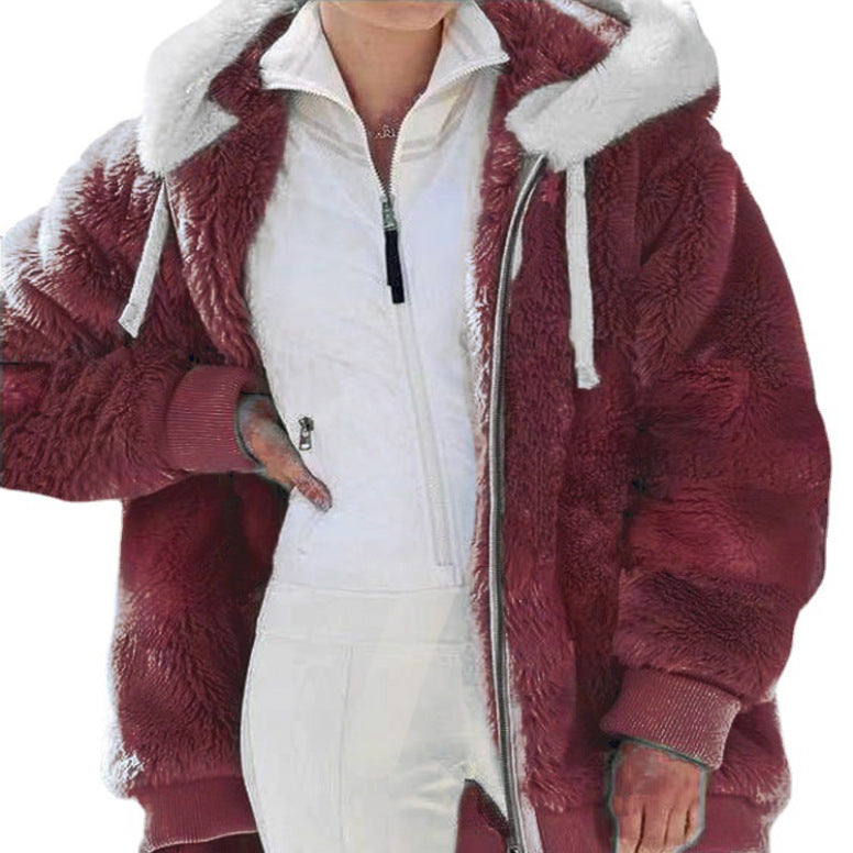 Womens Loose Fit Plush Zipper Hooded Jacket