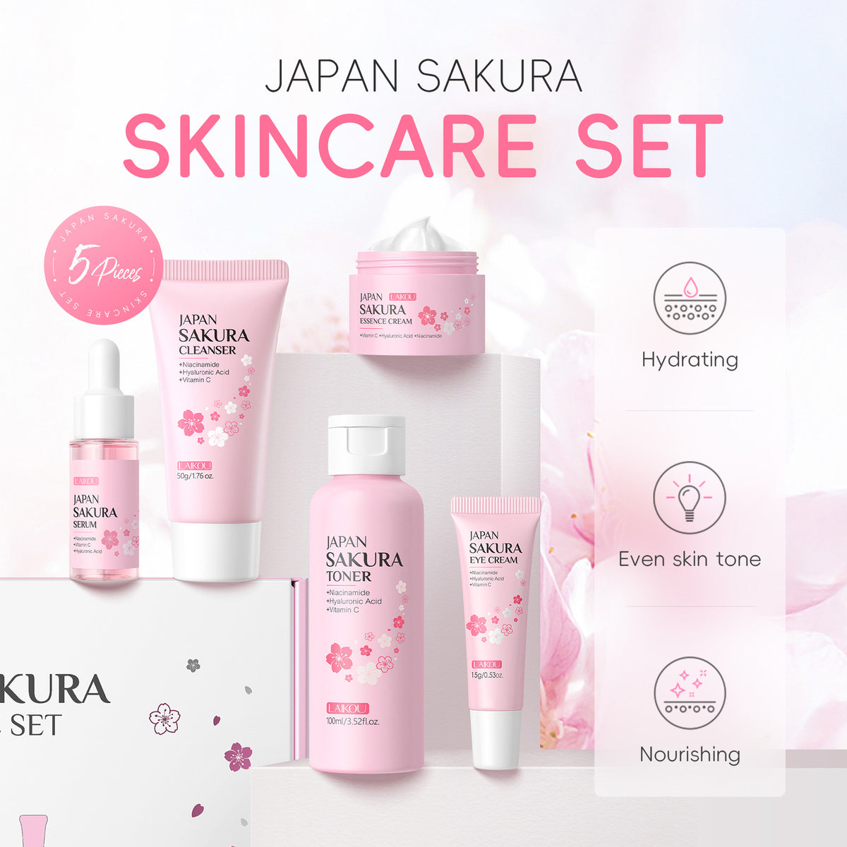 Laikou Japanese Sakura Hydrating Skincare Set 5-Piece Gift Box