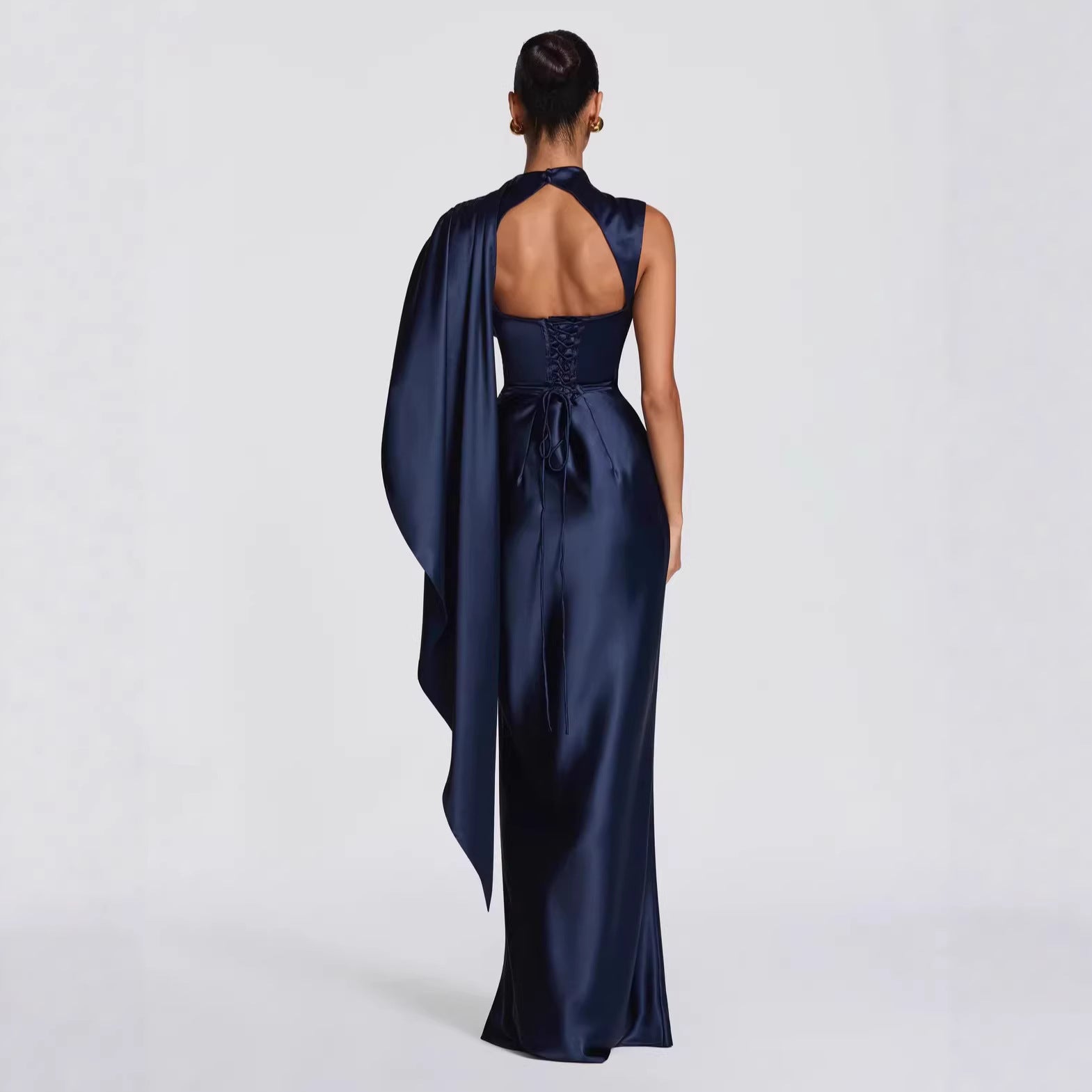 High-End Satin One-Shoulder Ribbon Waist Fishtail Gown