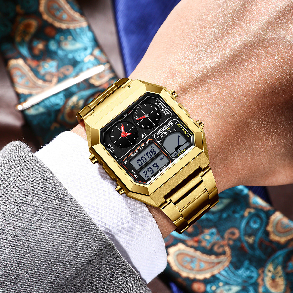 Foxbox Square Men Multifunction Digital Analog Stainless Steel Waterproof Watch