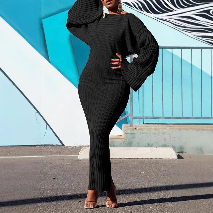 Women's Ribbed Knit Long Sleeve Bell Sleeve Bodycon Dress