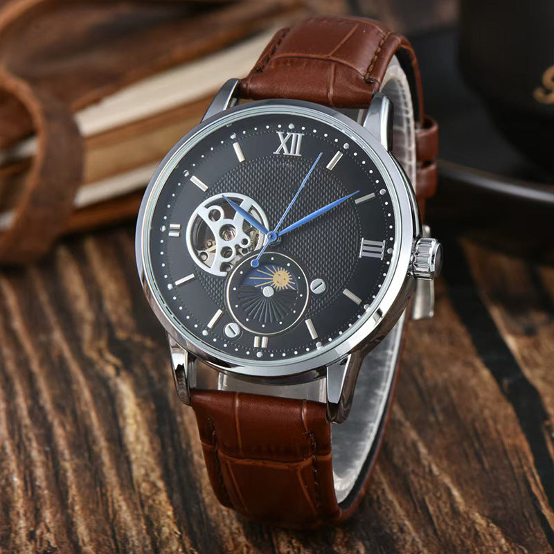 Men's Automatic Mechanical Watch Genuine Leather Strap Waterproof Round Dial Fashion Wristwatch