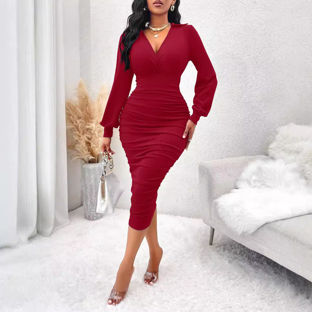 Women's V-Neck Lantern Sleeve Elastic Waist A-Line Midi Dress