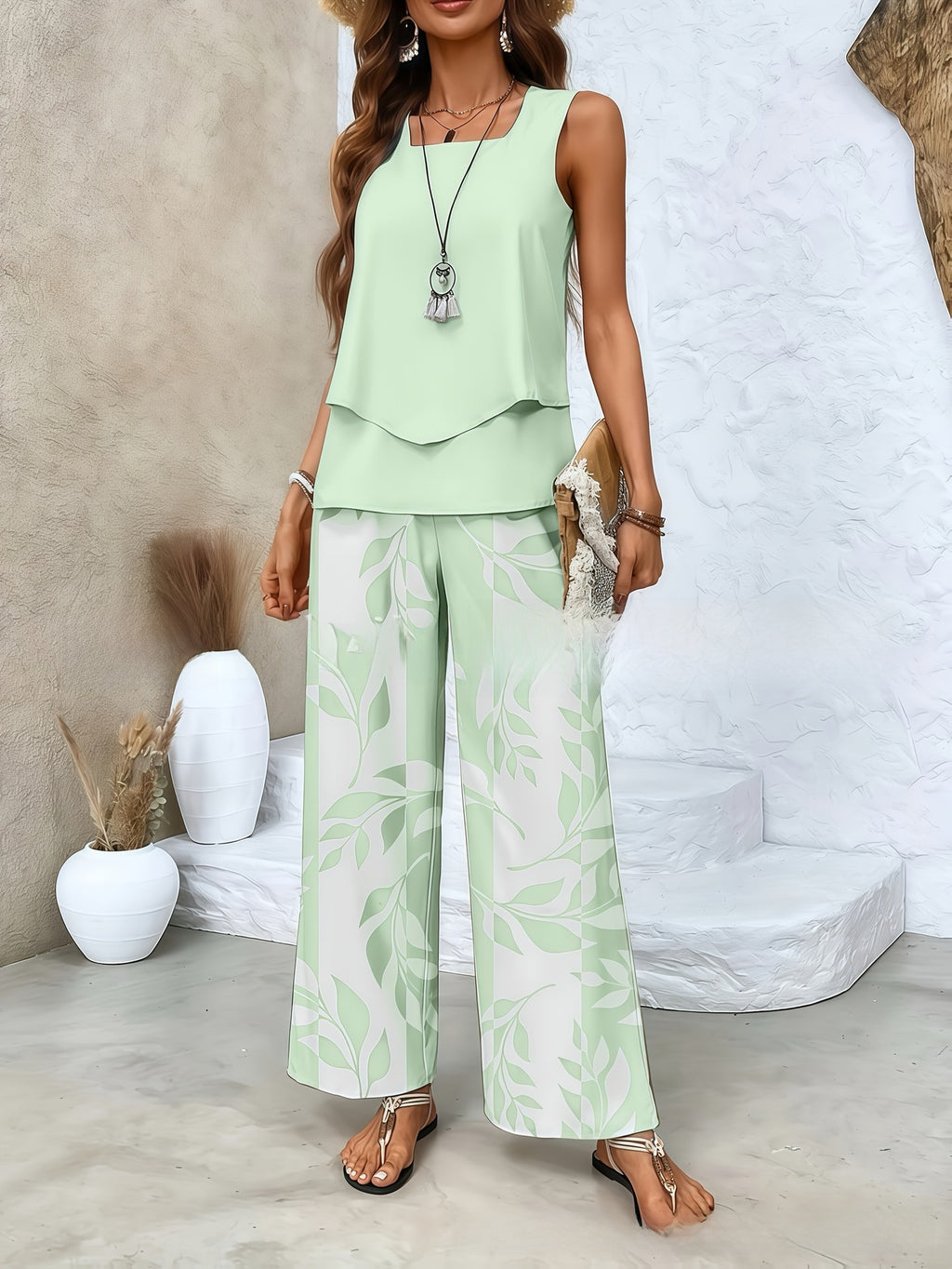 Womens Sleeveless Double-Layer Vest Top and Pants Set
