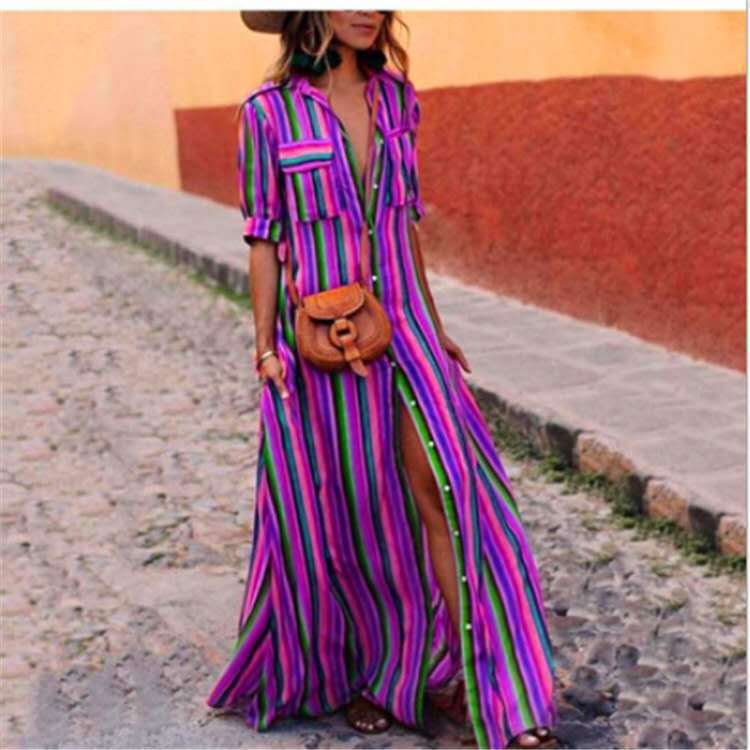 Womens Short Sleeve Stripe Shirt Dress Single Breasted