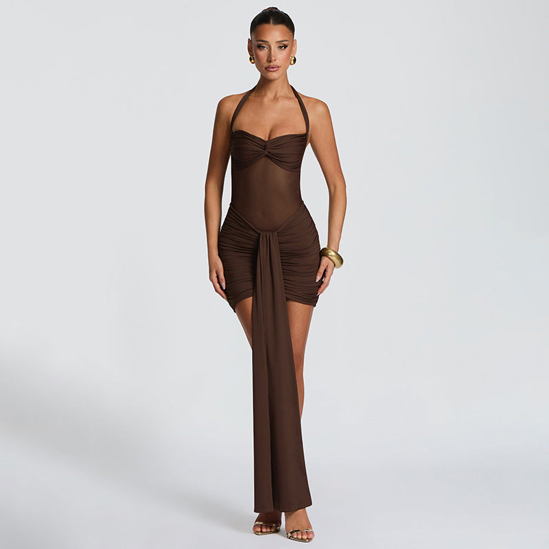 Women's Solid Color Mesh Halter Neck Short Dress