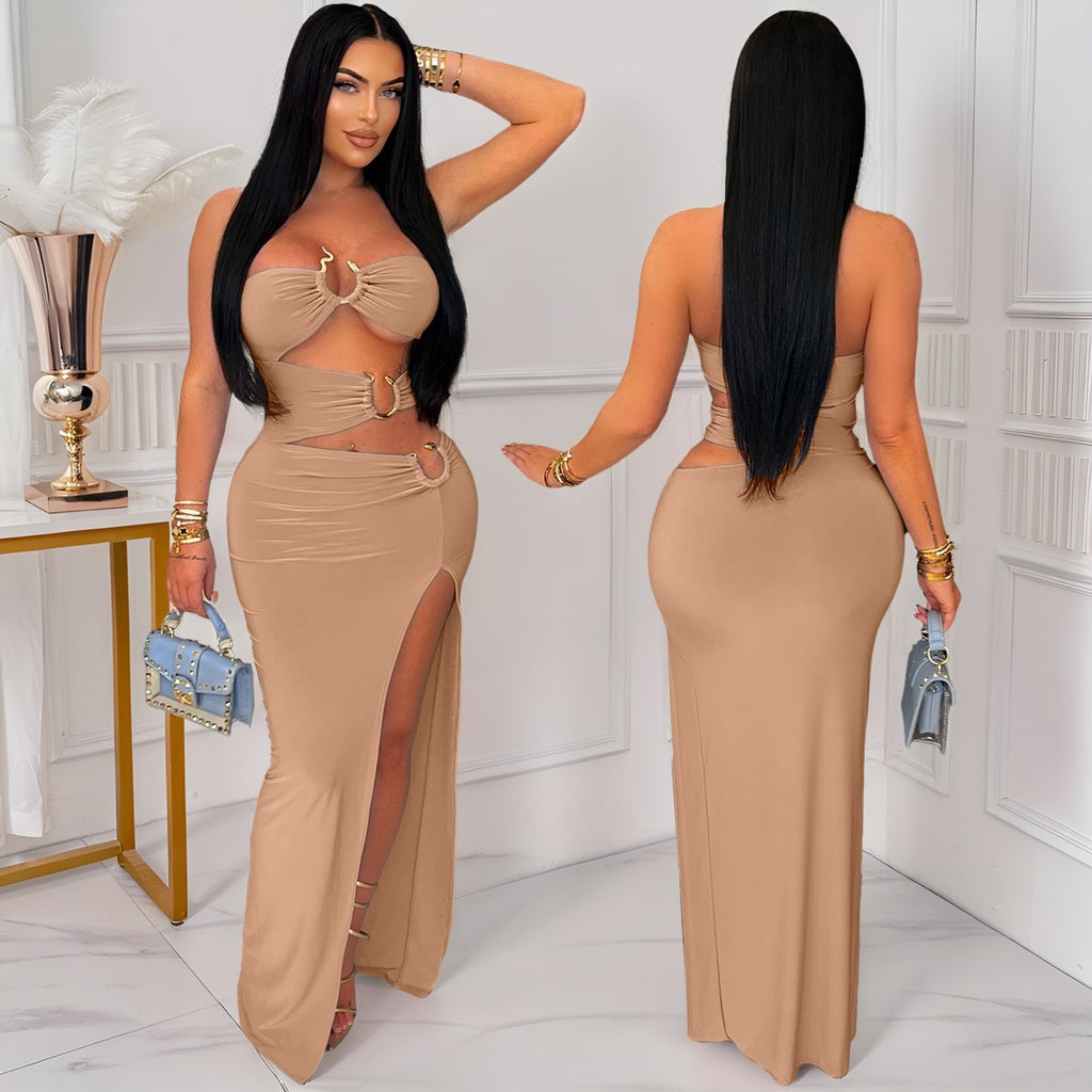 Hollow Metal Ring Bodycon Long Dress