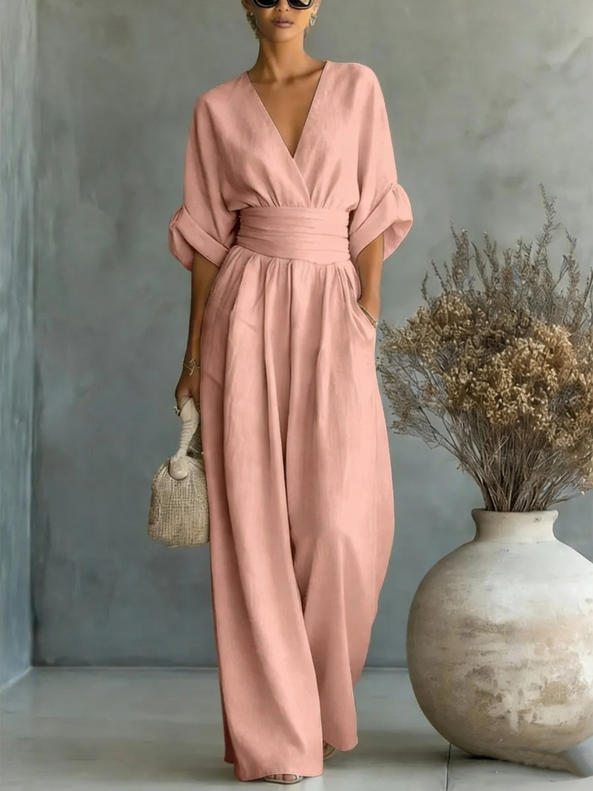 Elegant V Neck Waist Cinching Women Jumpsuit