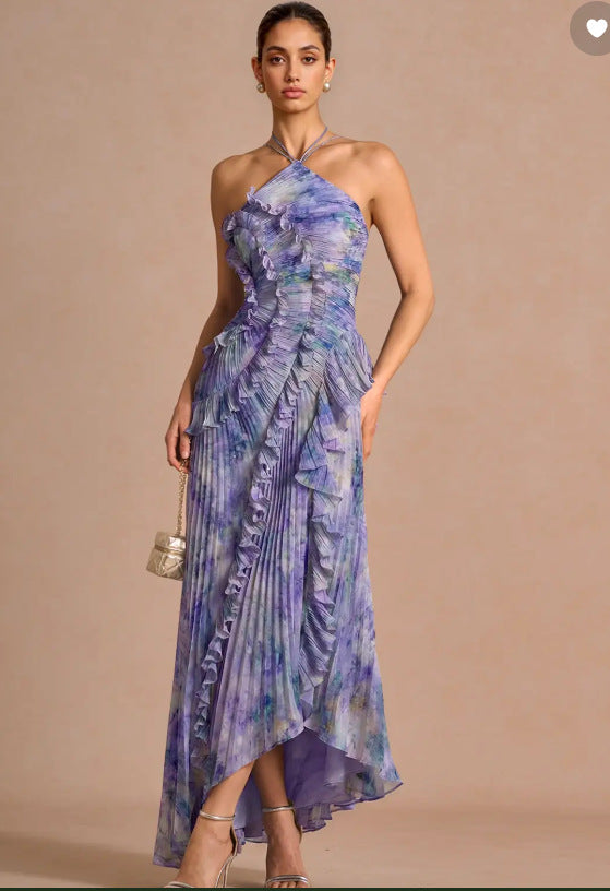 Women's Pleated Chiffon Midi Dress Floral Print Evening Gown