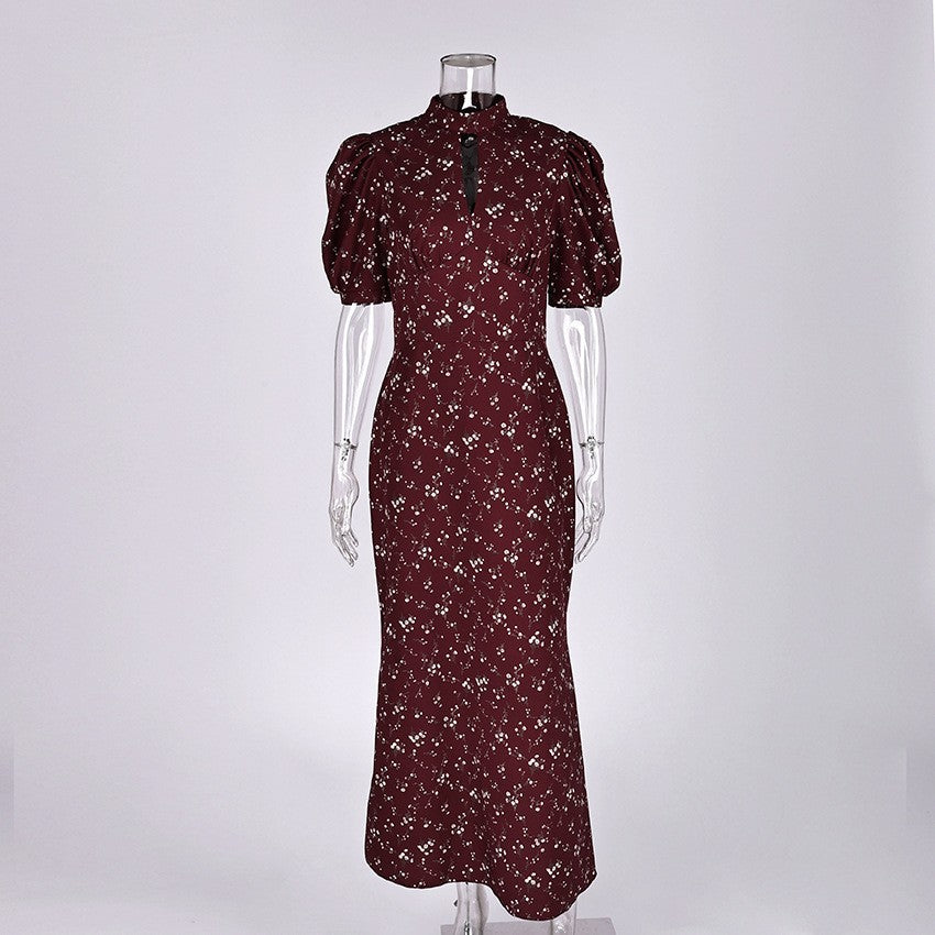Women's Floral Print Deep V-Neck High-Waist Long Dress