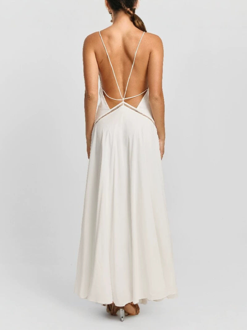 Womens Lace Trim Backless Tie V-Neck Dress
