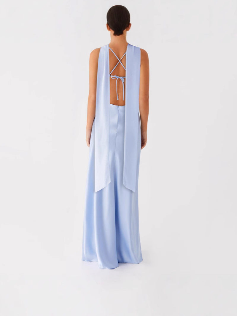 Elegant Satin V-Neck Tie-Back Long Dress