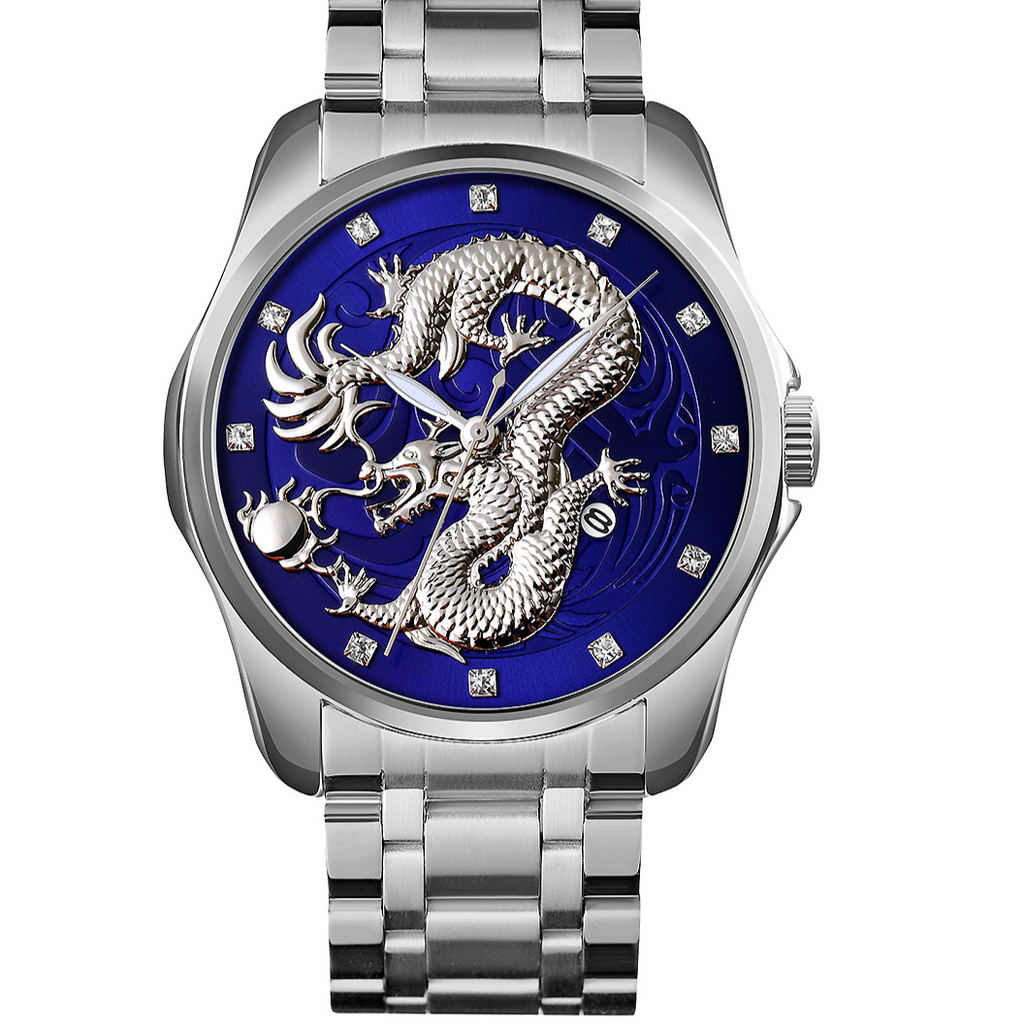 Mens Dragon Embossed Quartz Calendar Watch