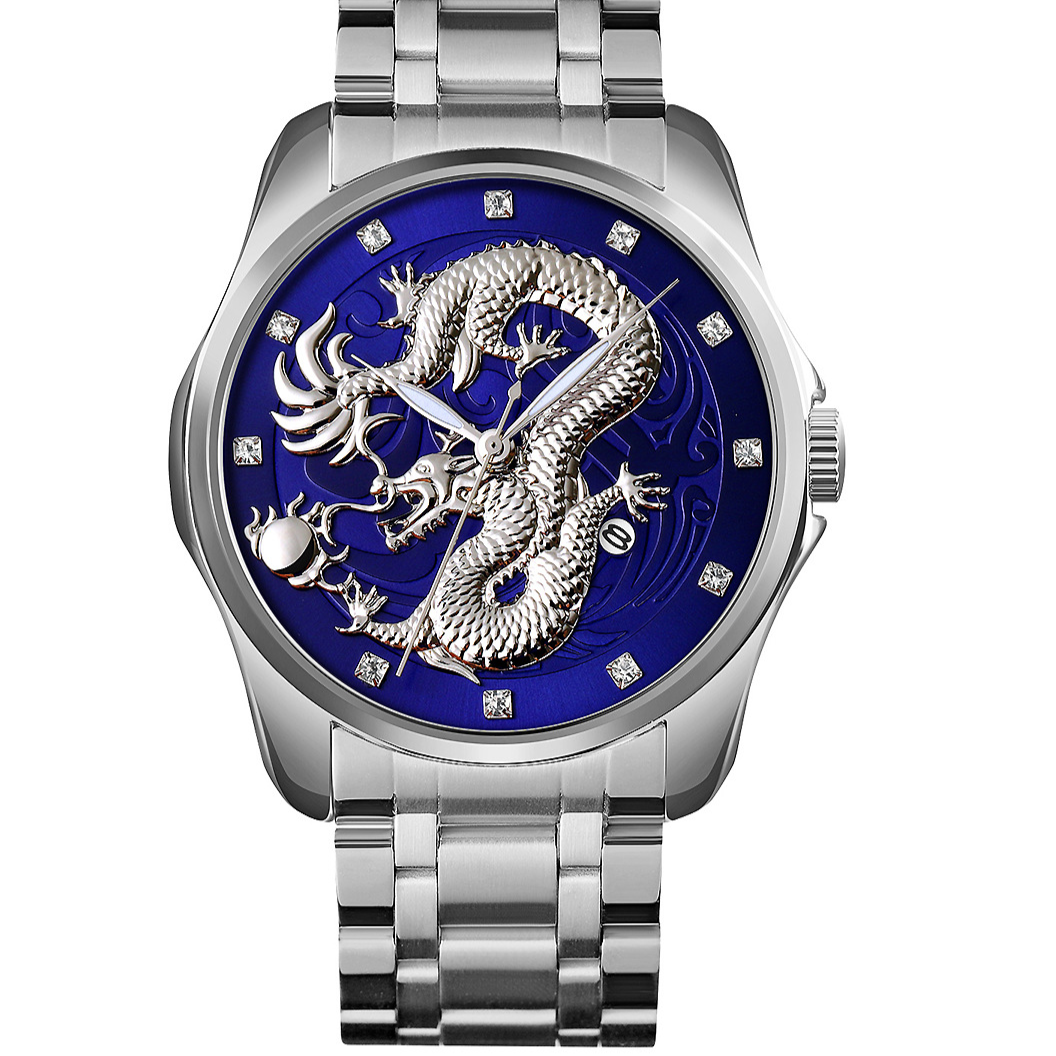 Mens Dragon Embossed Quartz Calendar Watch
