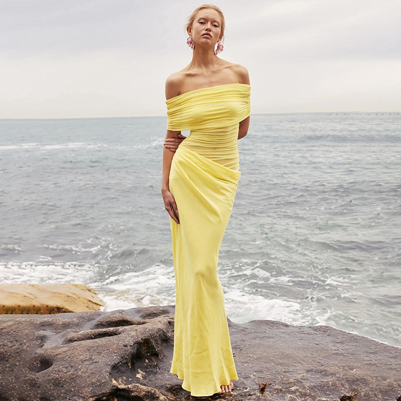 Mesh Off-Shoulder Pleated Dress
