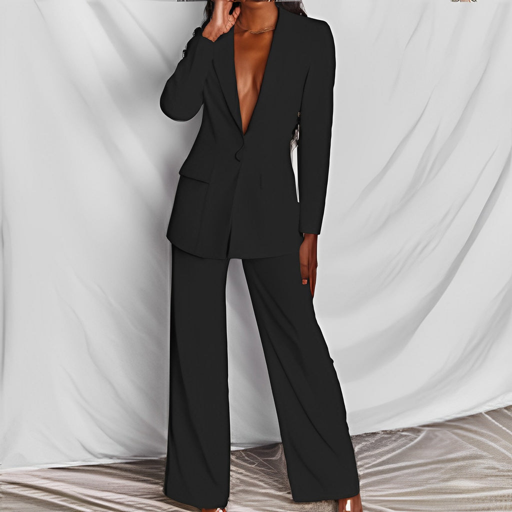 Womens Long Sleeve Blazer Straight Leg Pants Suit Autumn Elegant Trousers Set