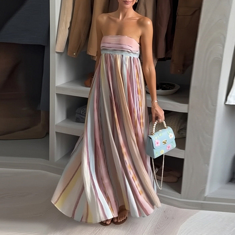 Womens Summer Printed Waist Cinching Sleeveless Long Dress