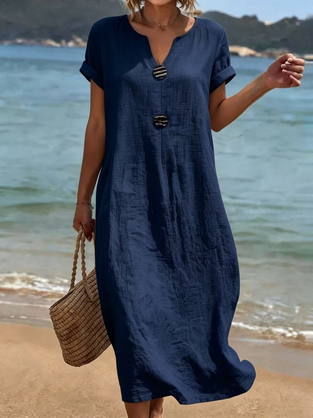 A casual solid-color cotton and linen dress for ladies