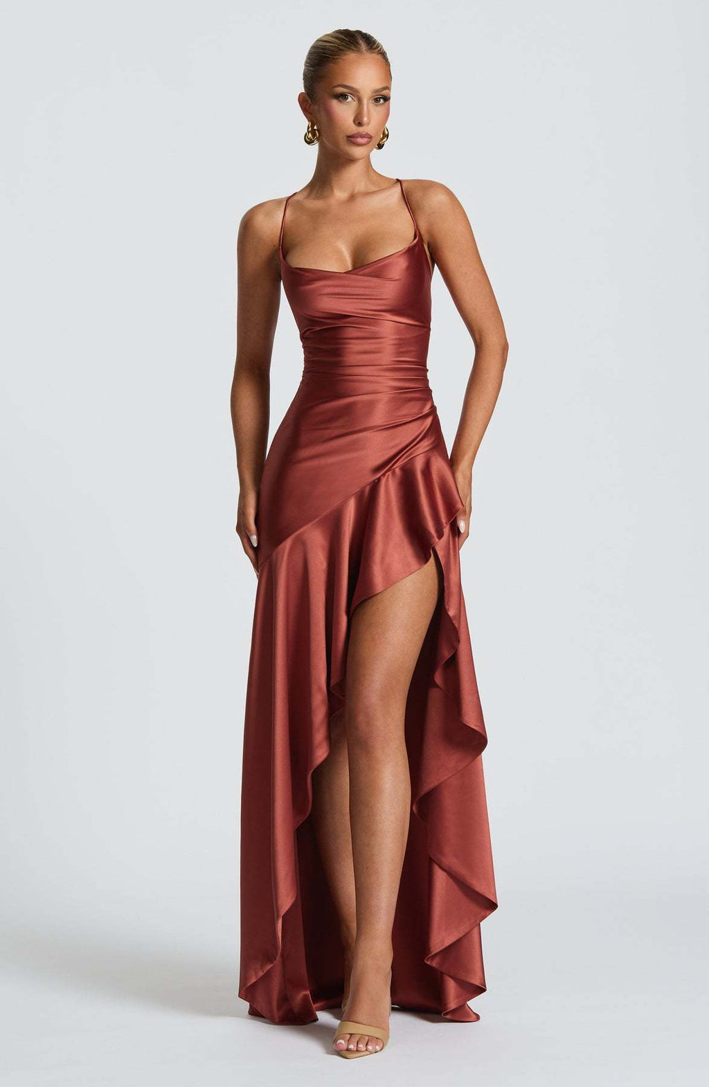 Womens Satin Ruffle Backless Dress