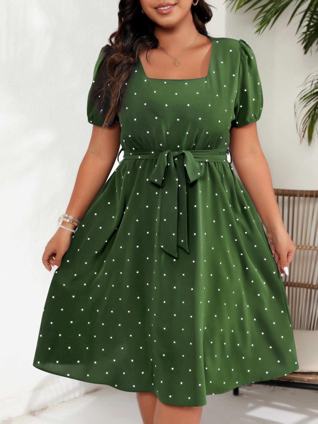 Polka Dot Square Neck Puff Sleeve Dress
