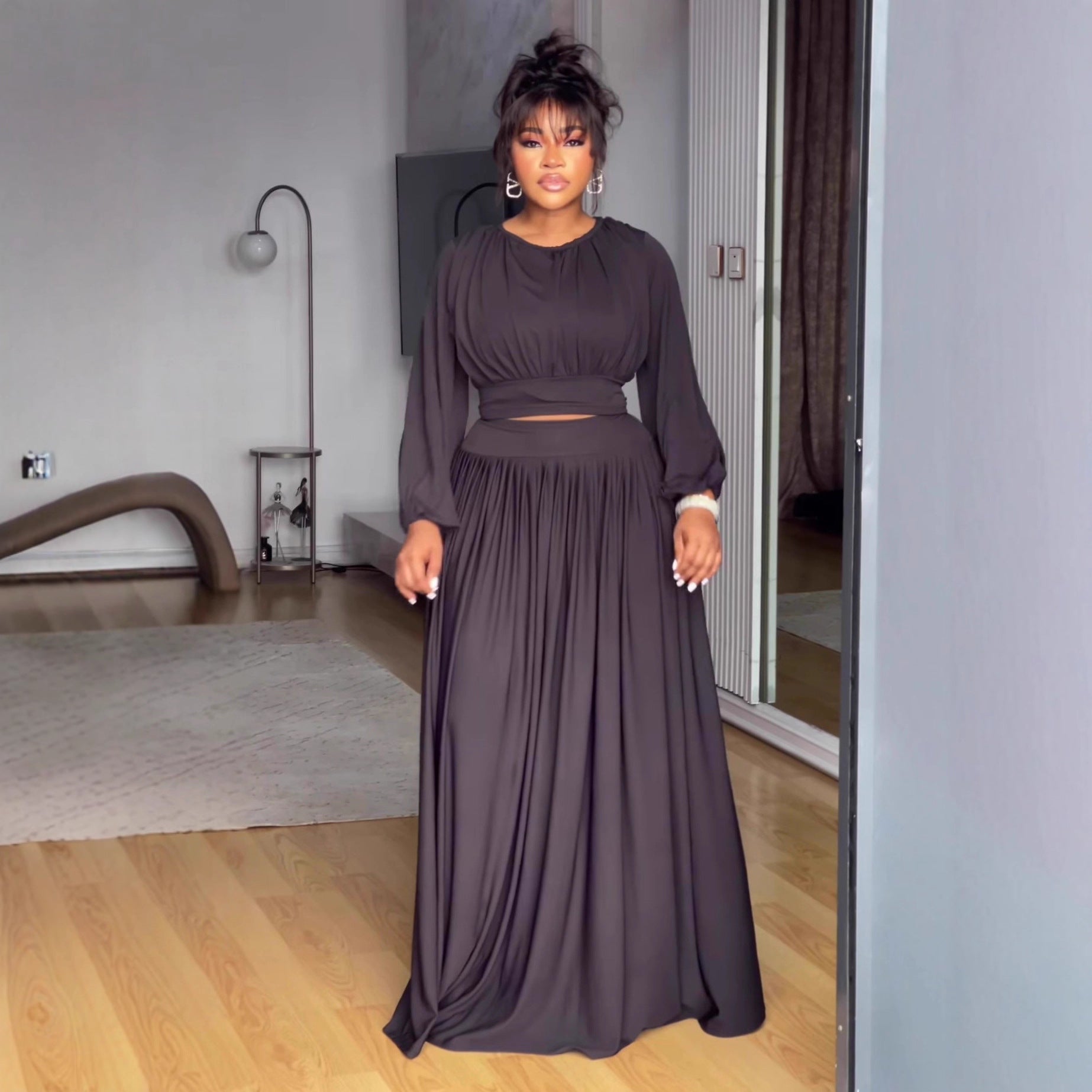 Round Neck Long Sleeve Elastic Waist Flared Skirt Set