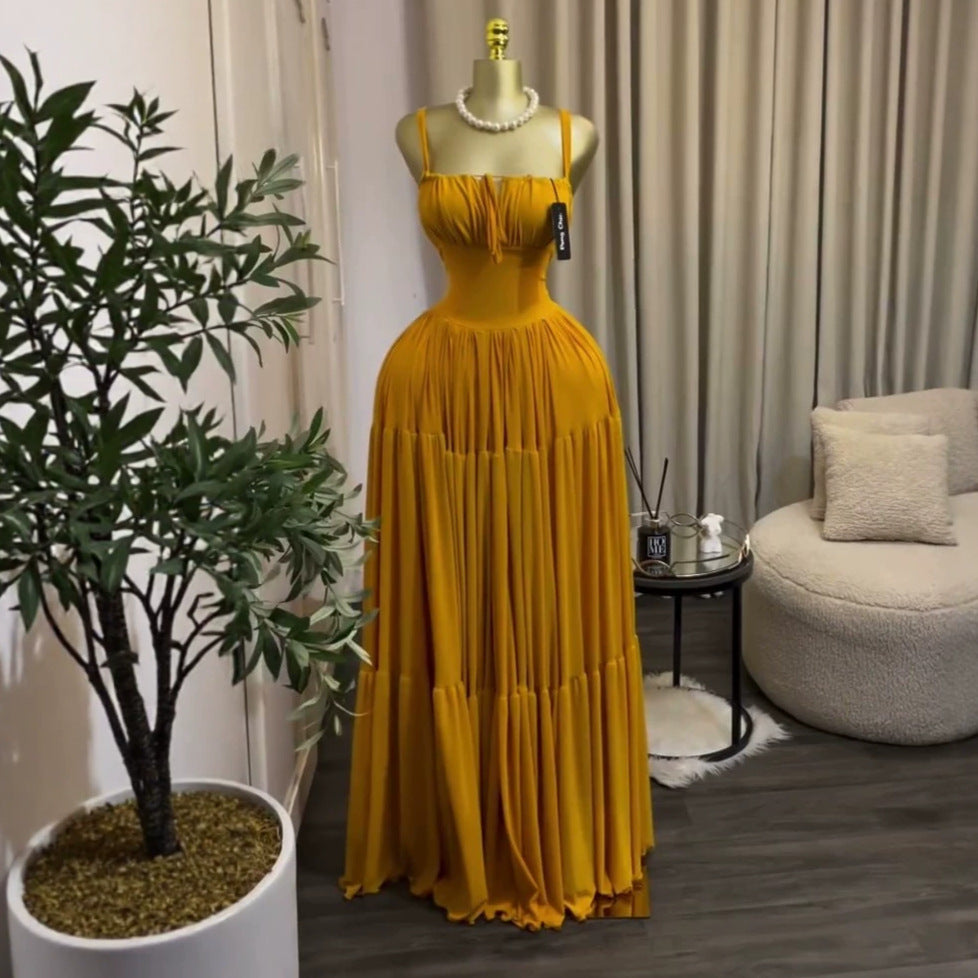 Elegant Pleated High-Waisted Long Dress with Straps