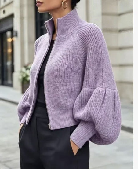 Women's Textured Knit Stand Collar Balloon Sleeve Cardigan