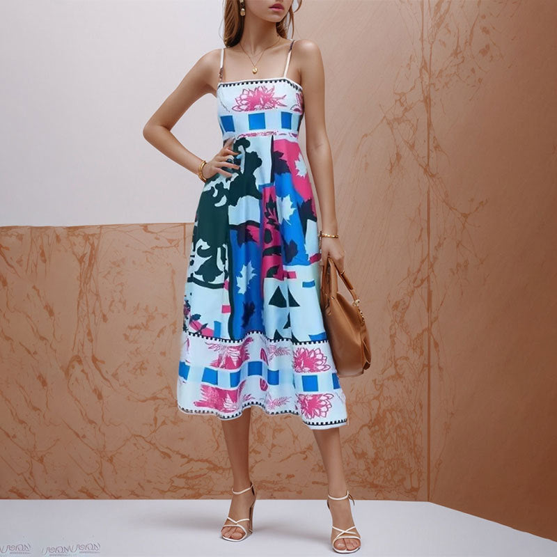 2026 Summer New Style Cross-Border European and American Resort-Style Dress, Elegant Long Printed Strap Dress