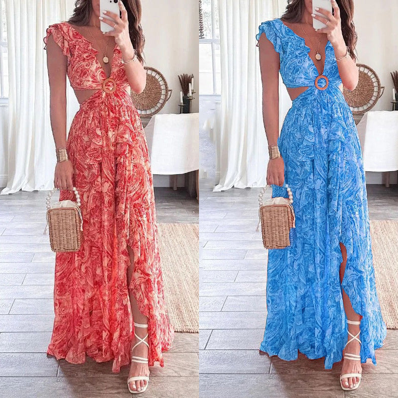 Floral Print V-Neck Ruffled Dress