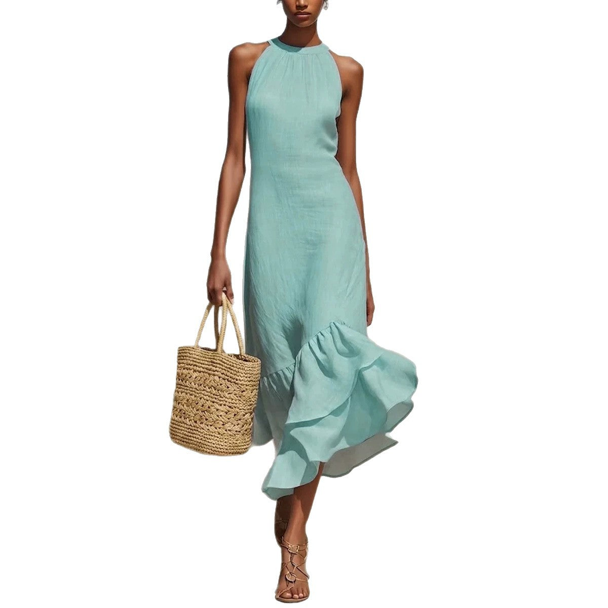 Womens Asymmetrical Hem Linen Dress
