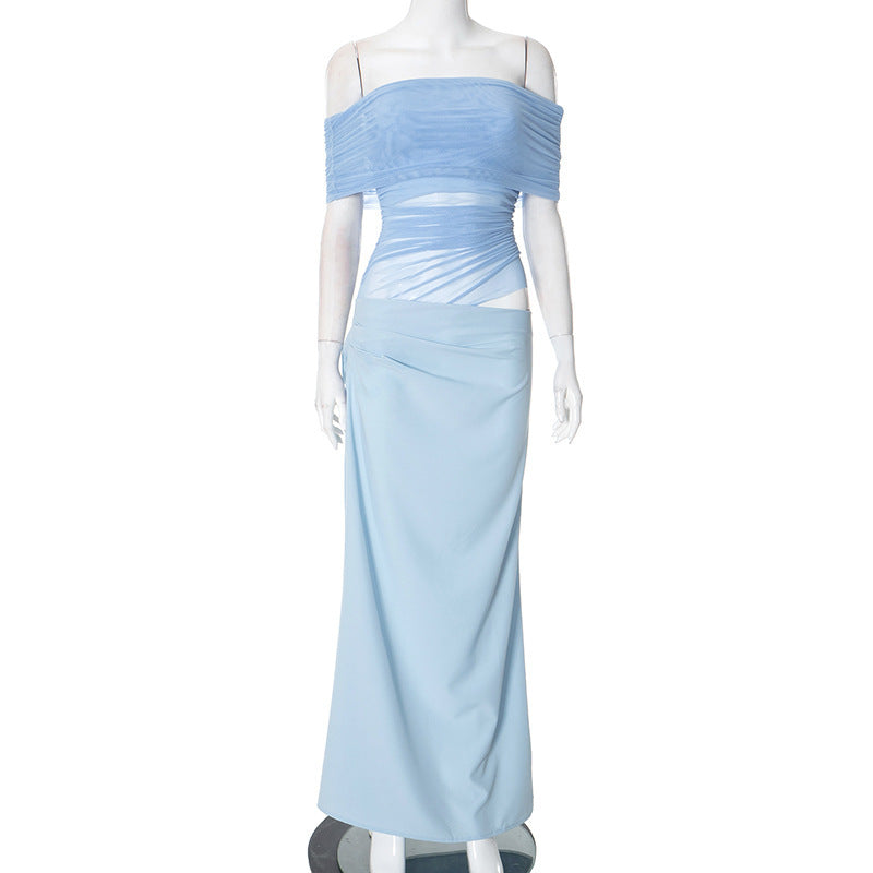 Mesh Off-Shoulder Pleated Dress