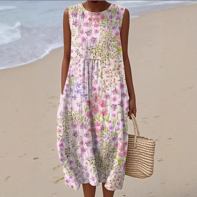 Printed Pocket Elegant Long Dress, Slim-Fit Fresh-Casual Dress