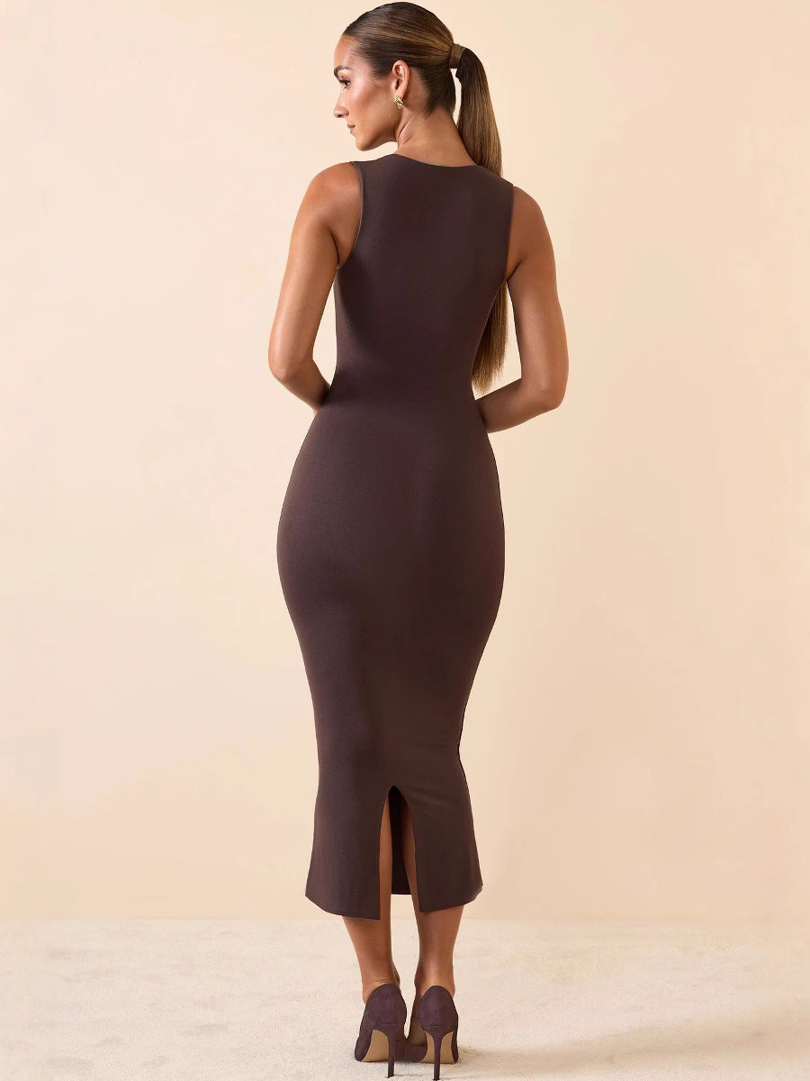 Elegant Pure Color Suspender Dress