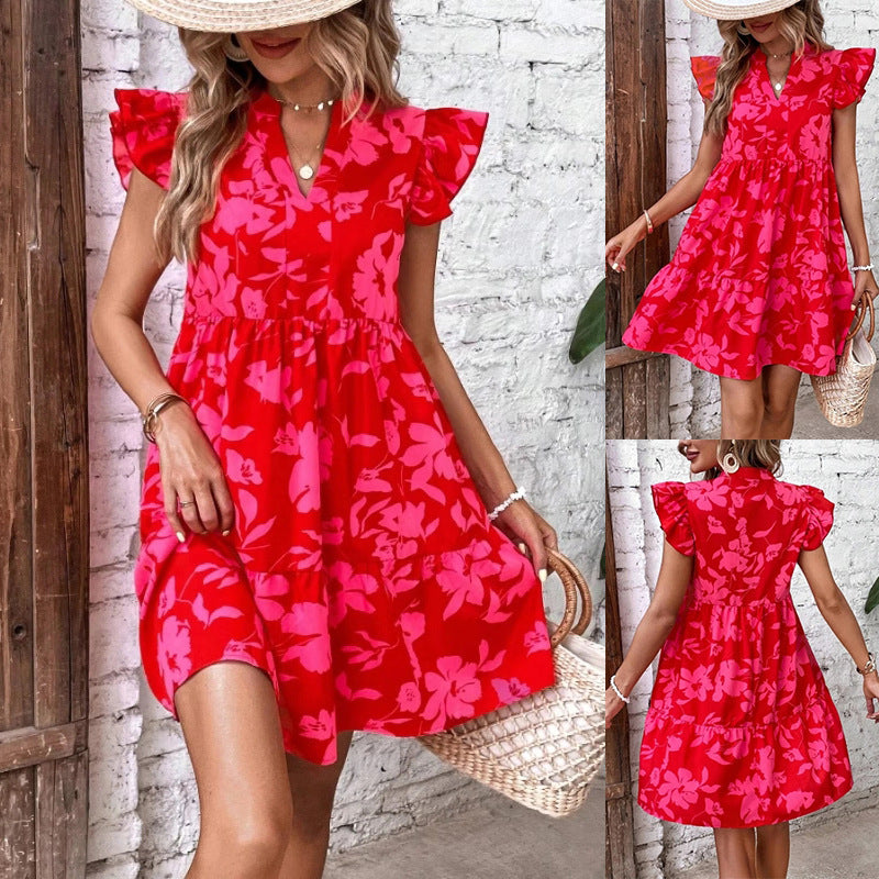 Flounce Sleeve V Neck Printed Midi Dress
