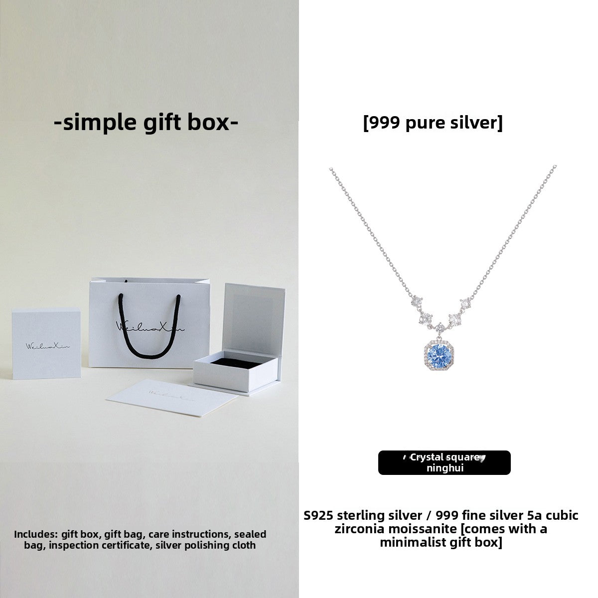 Pure Silver Moissanite Necklace with Gift Box