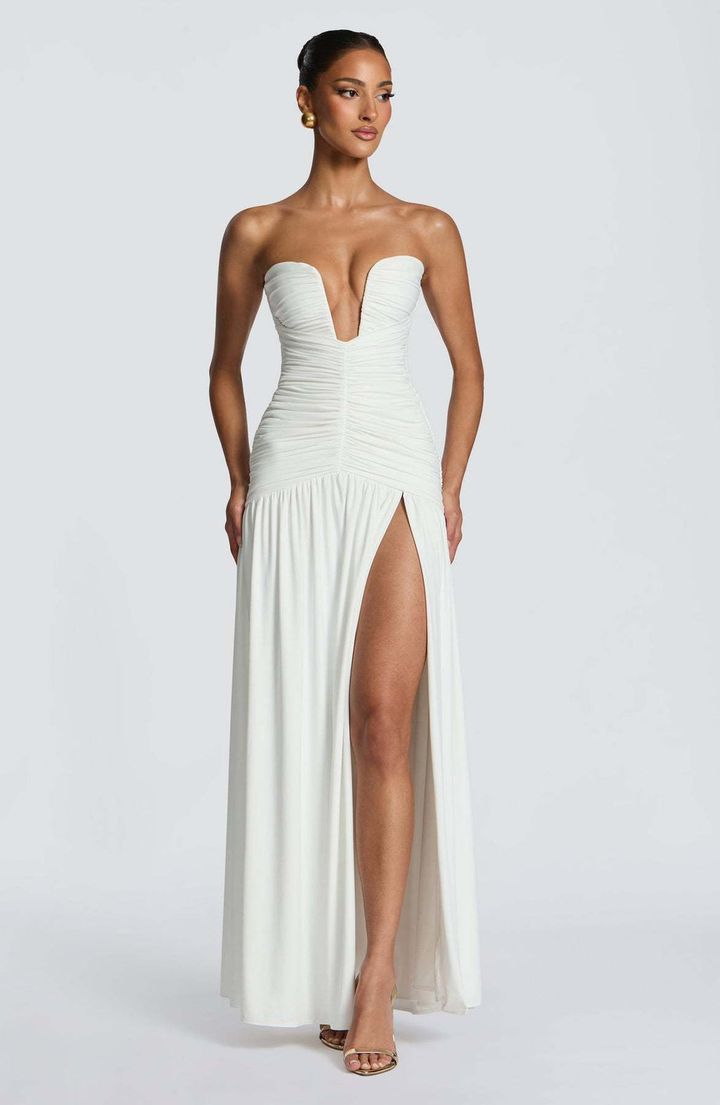 Solid Color Strapless High Slit Ruched Slim Fit Dress