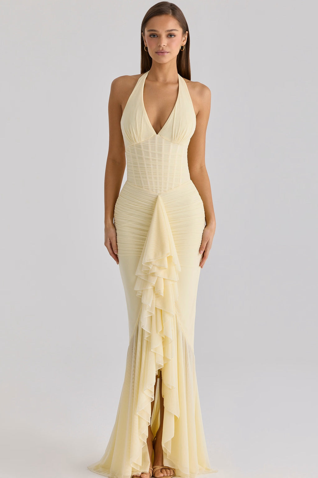 Halter Neck Ruched Mesh Dress