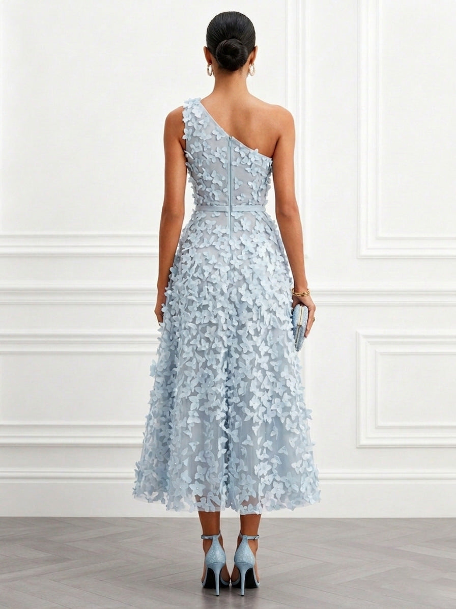 Women's One-Shoulder 3D Floral Embroidery High-Waist Summer Dress
