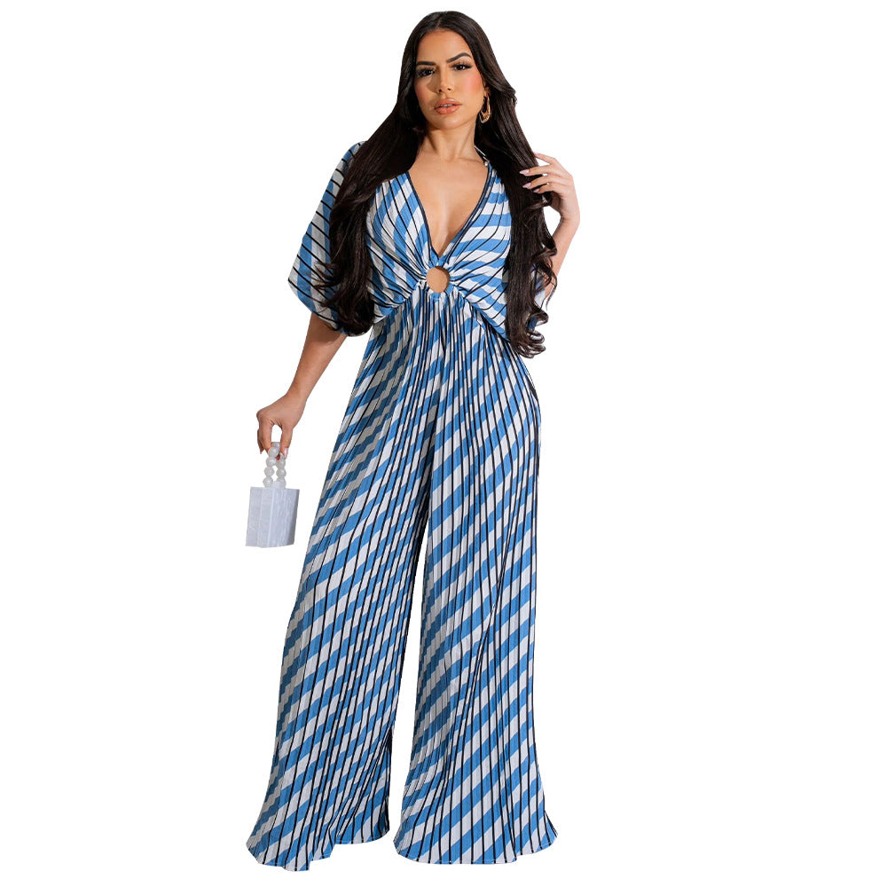 V-Neck Pleated Printed Casual Jumpsuit