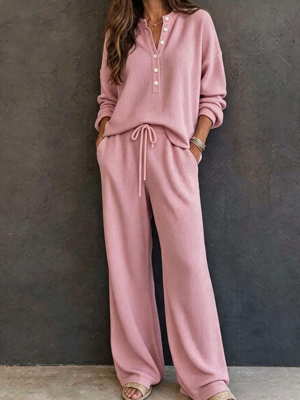 Women's Solid Color Knit Rib Top Straight Pants Set