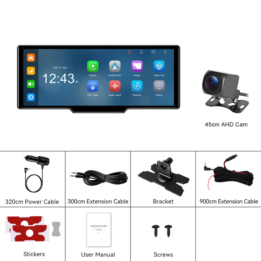 10.26-inch 4K Smart Screen Car Player with Wireless CarPlay, Android Auto, Dual Dash Cam, and Reversing Camera