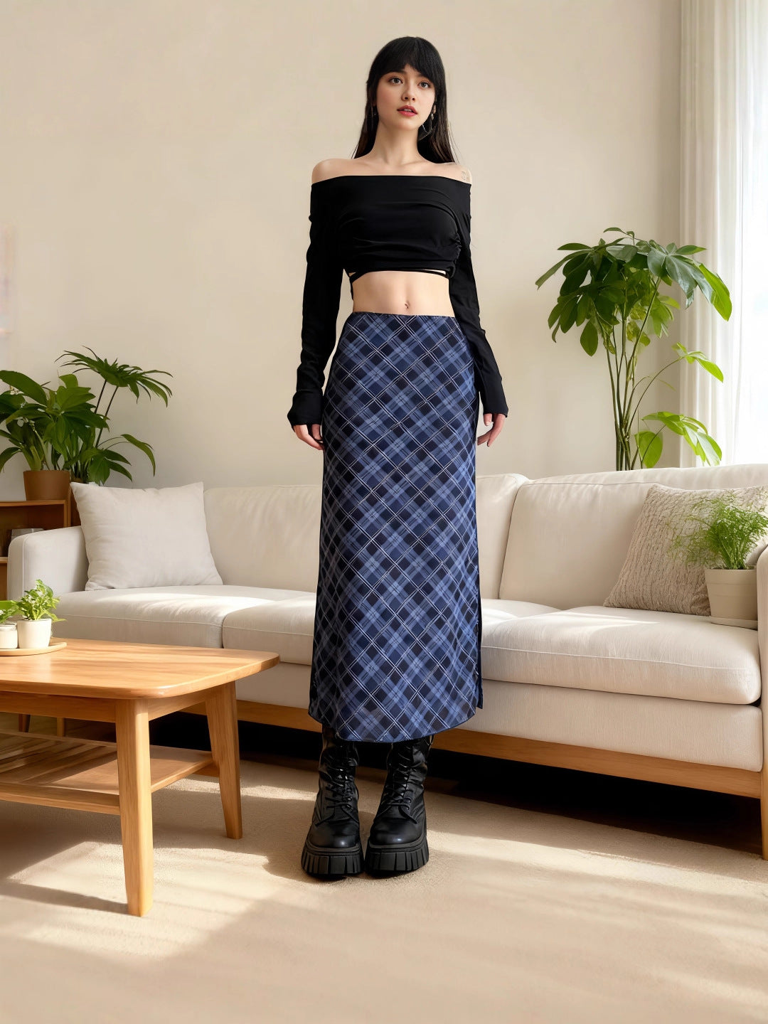 Uena American Retro Lace Bow Plaid Mesh Slit Skirt for Women