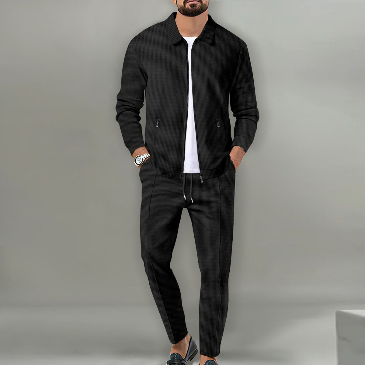 Mens Waffle Knit Zip-Up Track Suit