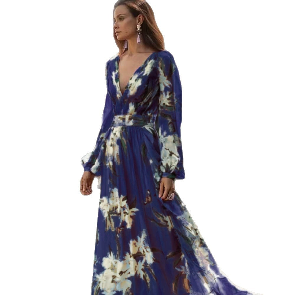 Womens V-Neck Long Sleeve Printed Dress