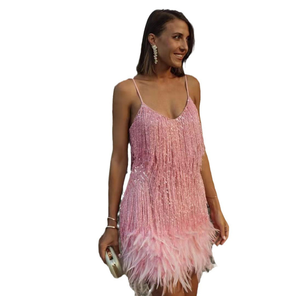 Tassel Sequins Feather Stitching Dress