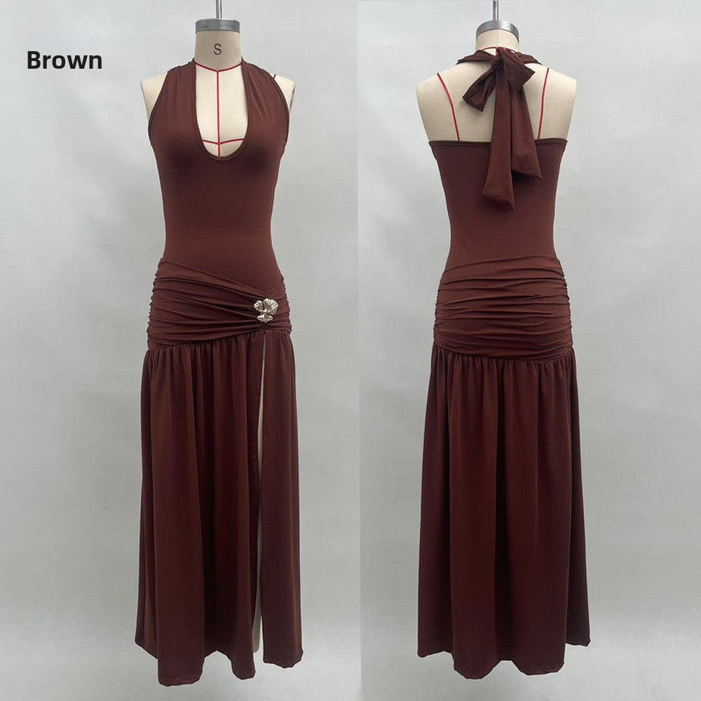 Slim Fit Solid Color Long Split Dress