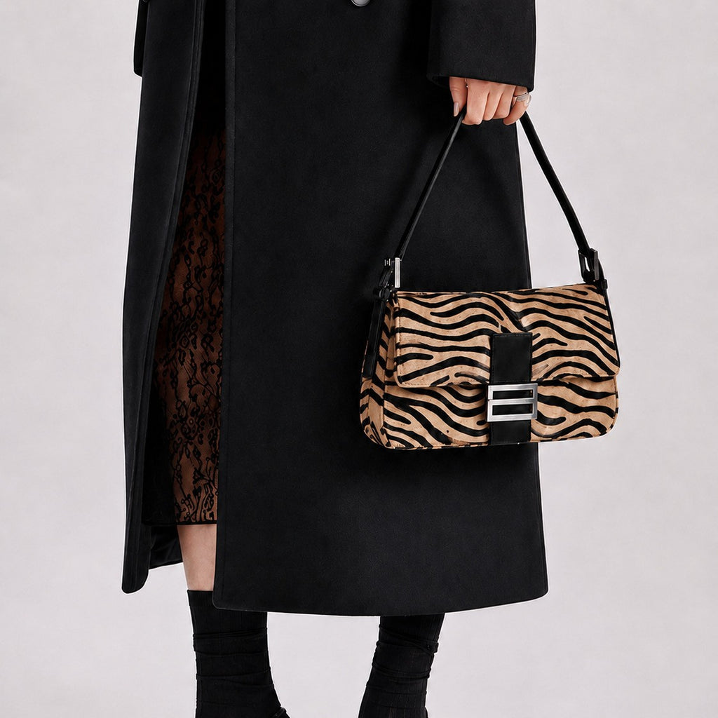 Retro zebra-patterned faux horsehair shoulder bag