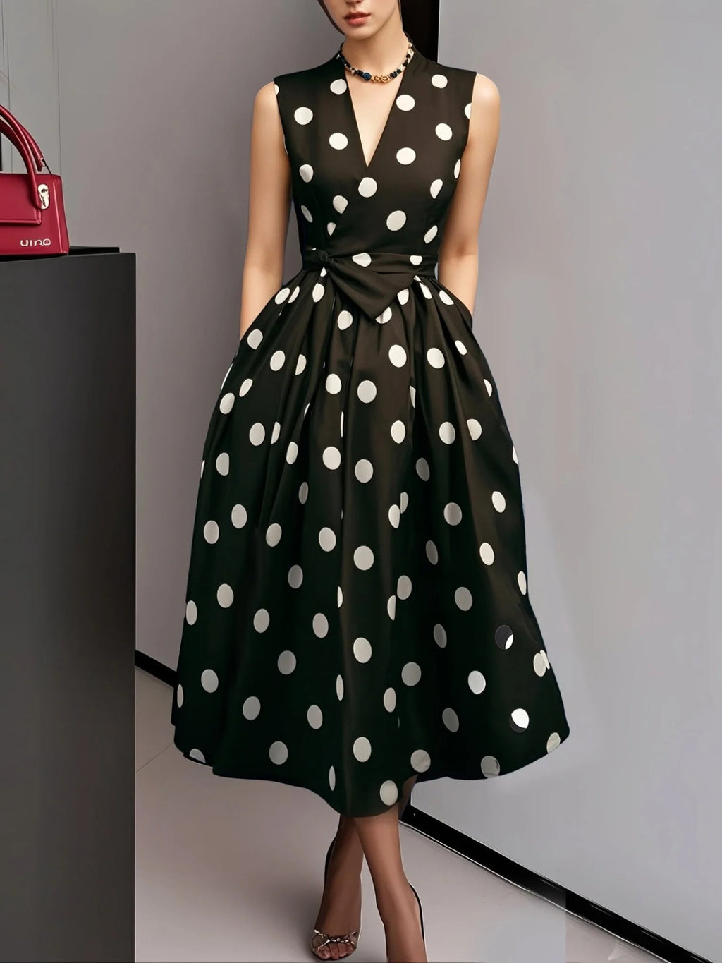 Sleeveless Polka Dot A-Line Dress